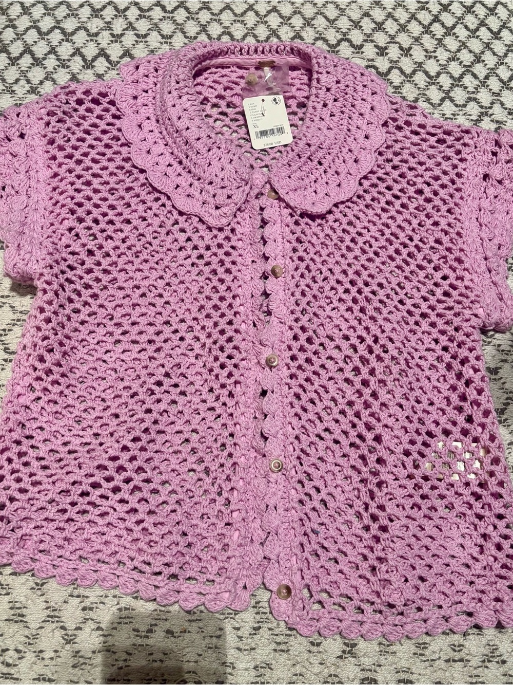 Free People Lily Crochet Top Embroidered Buttonddown Candy Lilac Cropped XL NEW - Picture 4 of 8